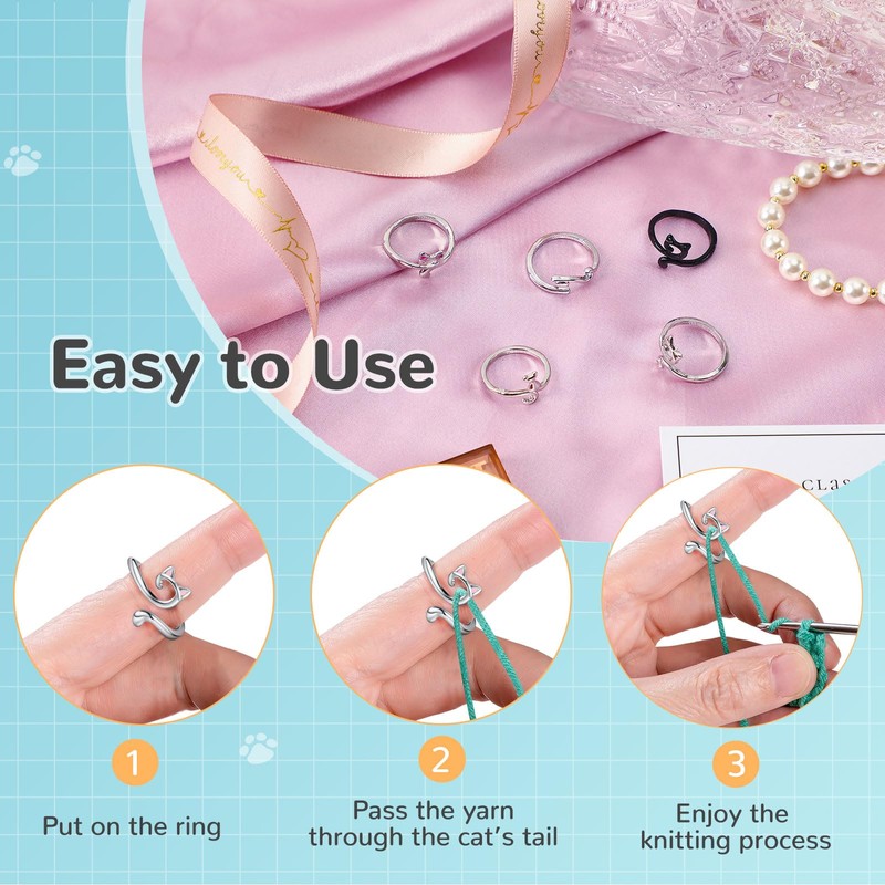 MARFOREVER 5 Pcs Crochet Rings Cat Crochet Tension Ring, Adjustable