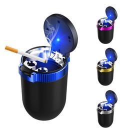 KVAEY Car Ashtray with Lid, Mini Portable Car Ashtray, Detachable Stainless Steel Smokeless Car Ashtray with LED Blue Light, Windproof Car Accessory for Travel Car Smokers (Blue)