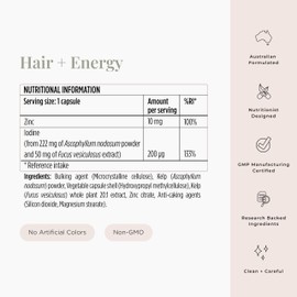 JSHealth Vitamins Hair and Energy Formula, Hair Growth Supplement for Women and Men, Zinc and Iodine Capsules for Healthy Growth, Hair Loss Support, 60 Capsules
