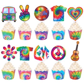 48Pcs Tie Dye Cupcake Toppers & Art Rainbow Cupcake Wrappers Tie Dye Birthday Party Decoration for Hippie Theme Groovy Party Carnival Party Supplies