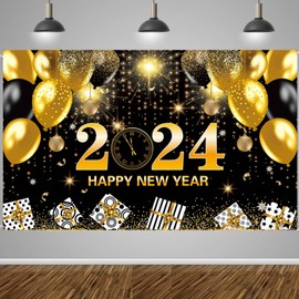 Happy New Year Decorations Backdrop, Black Gold New Years Eve Banner2024 for New Years Eve Party Supplies 2024 New Years Decorations 71x43 Inch
