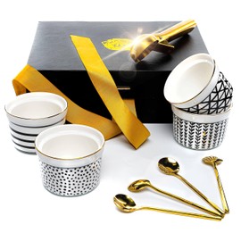 MONARCA Set of 4 Ice cream mugs set with Gold Ice cream scoop and 4 golden dessert spoon , handmade in stoneware ceramics, Hand Painted. 8 oz. with the elegance of the colors black, white and gold.