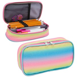Bright Creations Rainbow Glitter Pencil Case for Girls, Marker & Art Supply - Large Compressible Pouch for School and Office - 9 x 4.6 In Rainbow Pencil Box - Pen Case