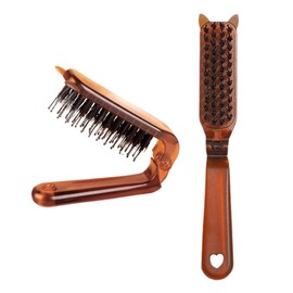 2 Pieces Folding Travel Hair Brush (in Amber Design), Mini Wild Boar Bristle Hair Brush, Portable Pocket Size Hair Brush for Thick/Thin Hair and Curly, Beard Comb for Men