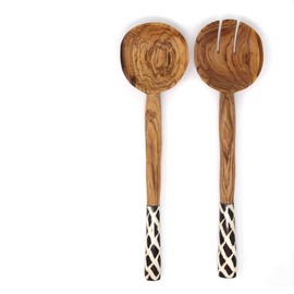 Global Crafts Hand Carved 11-Inch Olive Wood Salad Serving Set, Diamond Pattern