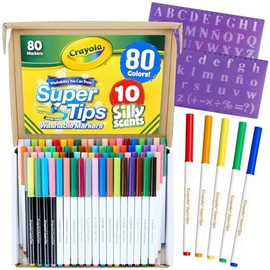 The Mega Deals Super Tips Marker Set, Includes 80 Washable Markers for Kids, 10 Smelly Markers and 2 Letter Stencils for Kids, Bulk Pack, Alphabet Stencils