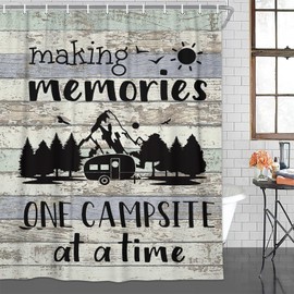 Drgilau - Cortina de ducha para caravana pequeña, estilo retro, de madera rústica, con temática de camping, motor RV, cortina de ducha impermeable, juego de 12 ganchos, 47 x 64 pulgadas