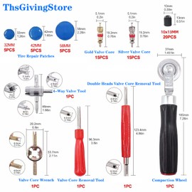 70PCS Tire Patches Kit Heavy Duty, Inner Tube Patch Kit, Include Tire Patch Roller,Rubber Repair Patches, Valve Core, 4-Way Valve Tool, Valve Core Wrench, Valve Core Removal Tool with Tire Valve Caps