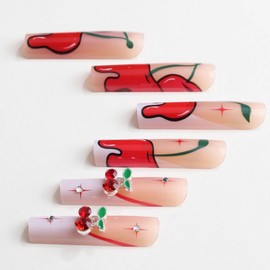 MERVF Square Press on Nails Extra Long Fake Nails White French Tip Glue on Nails 3D Cherry Charms Press ons Gyaru Design Squoval Acrylic Nails for Women Glossy 24pcs