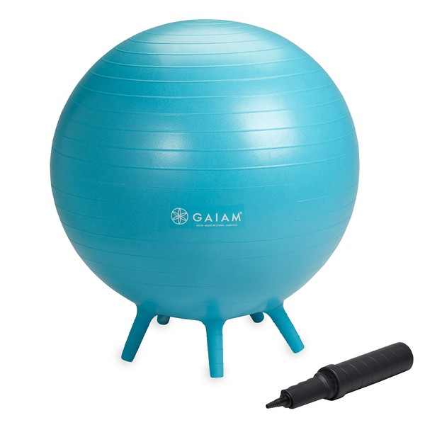 Gaiam Balance Ball Chair - No-Roll Ergonomic Office Chair & Yoga Ball Chair for Home Office Desk with Exercise Guide, Easy Installation Ball Pump, and Built-in Stability Legs, 25.5 in. (65 cm) - Blue