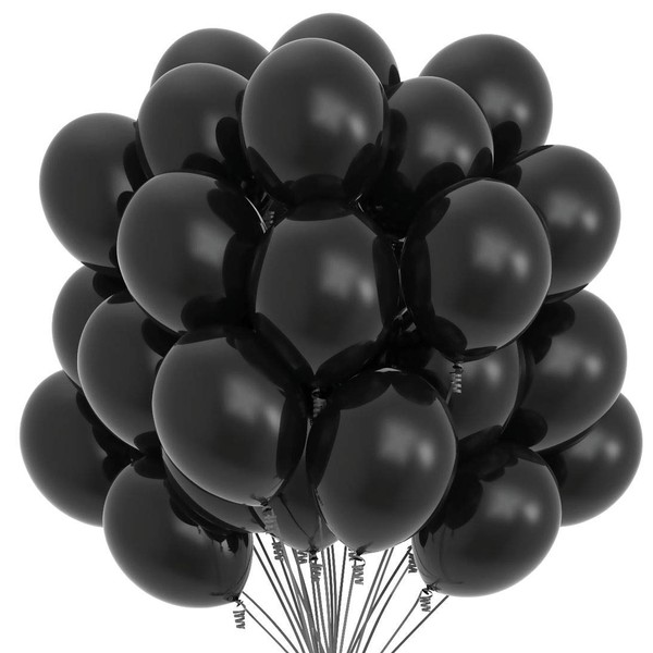 Prextex 75 Black Party Balloons 12 Inch Black Balloons with Matching Color Ribbon for Black Theme Party Decoration, Weddings, Baby Shower, Birthday Parties Supplies or Arch DÃ©cor - Helium Quality