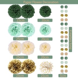 SNOWZAN Paper Pompoms Decoration Set, 12pc Green White Gold Paper, Pre-folded and Pre-cut, DIY Crafts for Wedding, Birthday, Baby Shower