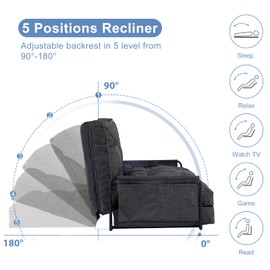 YOSHOOT Adjustable Lazy Floor Sofa, Folding Couch Bed with 5 Positions Adjustable Backrest, Convertible Bean Bag Sofa Bed Couch Foldable Sleeper Chair with Pillow for Reading Gaming（Grey, Full）