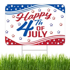 Large 4th of July Yard Sign Home Decor Lawn Decoration With Stakes Independence Day Fourth of July USA Flag 17x13 Inches (White)