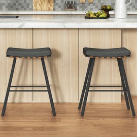 Saddle Stool Set of 2 Counter Height Bar Stools Modern Ergonomic Upholstered Barstools Backless Industrial Bar Chair Metal Footrest for Kitchen Island Home Dining Room Bar Pub Cafe 24 Inch Grey