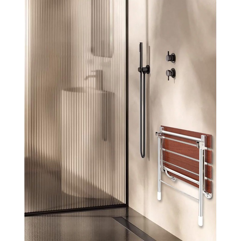 Foldable 21.5" Teak Wood Shower Seat Bench with Supporting Legs,