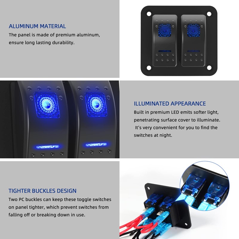 Switch Panel 2 Gang Aluminum Toggle Switch, Waterproof 12V/24V Marine