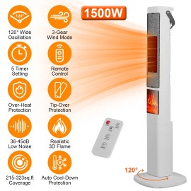 1500W Oscillating Ceramic Tower Space Heater 3D Flame Portable Electric Fireplace 3 Wind Modes Remote Control 5 Timer Optionscolor: White Color