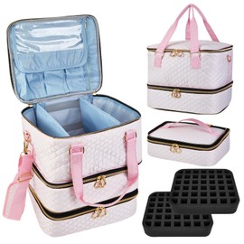Cheungren Nail Polish Organizer Case - Three Layer Nail Polish Storage Bag with Adjustable Dividers Holds 84 Bottles Nail Polish Nail Lamp Nail Kit Supplies Organizer Box - Pink