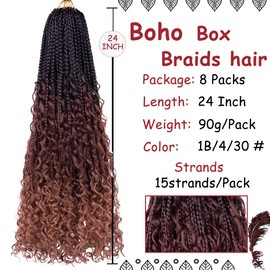 Beverlee 24 Inch Boho Box Braids 8 Packs Goddess Box Braids Crochet Hair Bohemian Hippie Braids Braiding Hair Box Braids with Curly Ends Messy Pre-looped Synthetic Crochet Hair for Women 1B/4/30#