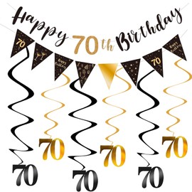 70th Happy Birthday Banner, Black and Gold Birthday Decoration for Women Men, 70th Birthday Party Decor with Birthday Bunting Flag, Triangle Flag, Hanging Swirls for 70th Birthday Party Decoration