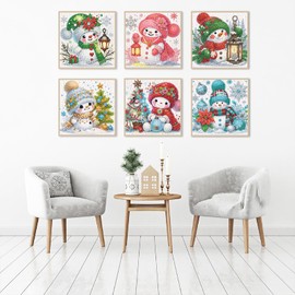 6 Pack Snowman Diamond Art Kits for Kids, Christmas Snowman Diamond Art Kits for Beginners, 5D DIY Full Drill Winter Painting Gem Art Kits for Home Wall Decor Gift 6x6Inch