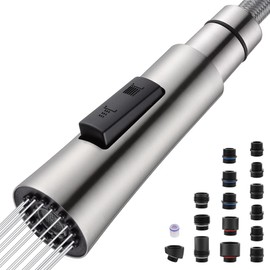 J-HVA Metal Kitchen Faucet Head Replacement, 2 Modes Pull Down Spray Head with 15 Adapters, Kitchen Sprayer Head Replacement, Sink Sprayer Replacement, Brushed Nickel, Stainless Steel