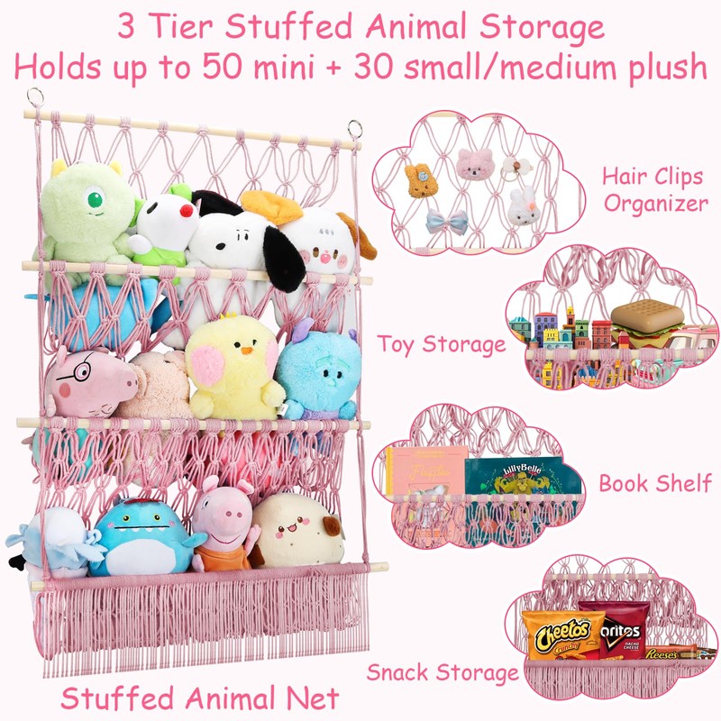 3 Tier Hanging Stuffed Animal Storage Shelf, 24x39 Inch Large