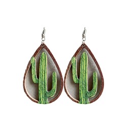 Western Cow Sunflower Earrings Natural Wooden Cactus Teardrop Turqoise Animal Print for Women Wild West Texas Costume Christmas Jewelry-Cactus A