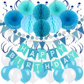 ZERODECO Geburtstag Dekoration, Happy Birthday Banner Wabenbälle und Fächerdekoration Papier Girlande Fächer Dreieckige Wimpel Spiral Girlanden und Luftballon - Blau, Hellblau und Weiß