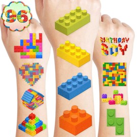 96PCS Building Block Pre-Cut Temporary Tattoos - Cute Party Favors for Kids, Boys & Girls | Birthday Party Supplies, Decorations, Stickers, Gifts, Classroom & School Prizes (Normal)