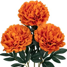 3PCS Fall Flowers Artificial for Decoration, 30'' Long Stem Fake Peony Silk Flowers Real Touch Autumn Floral Centerpieces for Home Office Tables Vase Arrangements Baby Shower Wedding Party (Orange)