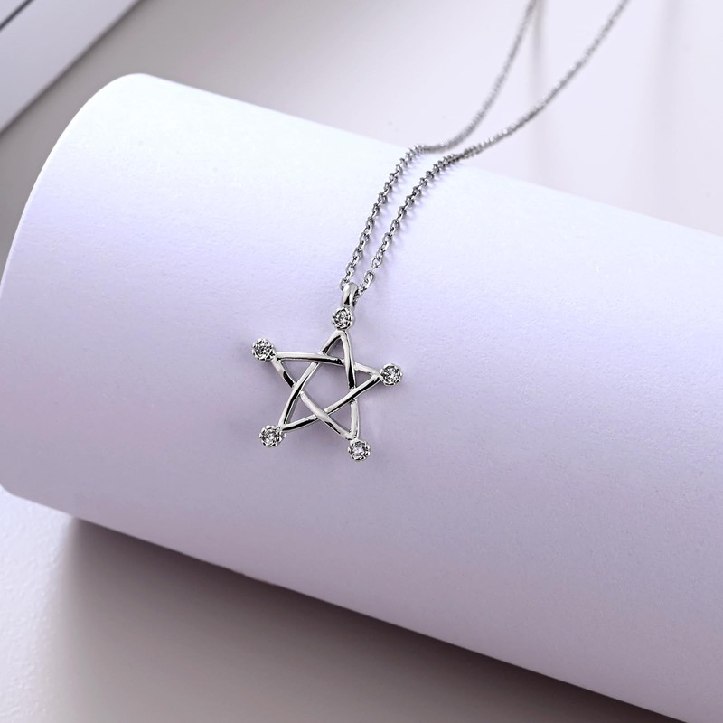 Silver Pentagram Star Pendant Necklace, Cubic Zirconia Crystals, Hollow Design
