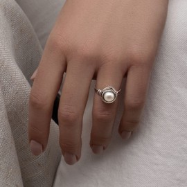 925 Sterling Silver Ring with Fresh Water Pearl - Hypoallergenic, Nickel & Lead-free - Artisan Handcrafted Designer Collection - Made in Israel - White