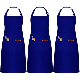 umboom 3 Pieces White Cooking Apron, Adjustable Kitchen Apron with 3 Pockets for Men Women, Catering Work Apron for Waiter, Boss, Hairdresser, Barista, Baking Bar (Polycotton - Blue)