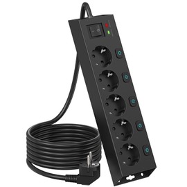 Power Strip Individually Switchable, 5-Way Multiple Socket Wall Mounted with Surge Protection 1050J for Home and Office, 2 m Cable (Black)