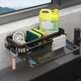 ZIGefofo Küche Spülbecken Organizer Hängend Ohne Bohren mit Klebehaken und Schrauben Multifunktional 2 in 1 Küchenablauf Regal Schwammhalter Wand für Toilettenartikel Küchenutensilien - Schwarz