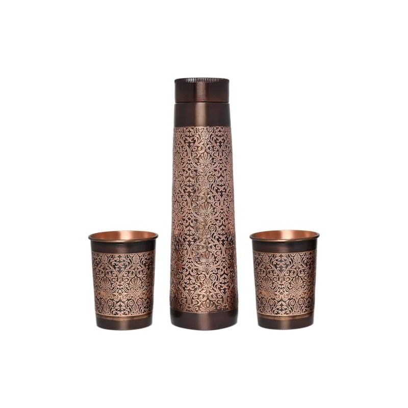 ANCIENTIMPEX Copper Water Bottle with 2 Tumblers Set, Floral Pattern