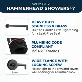 HammerHead Showers® ALL METAL 16 Inch Extended Shower Arm and Flange with Set Screw, Long Shower Arm, Extends Rain Shower Overhead, Wall-Mounted Rain Shower Arm, Oil Rubbed Bronze