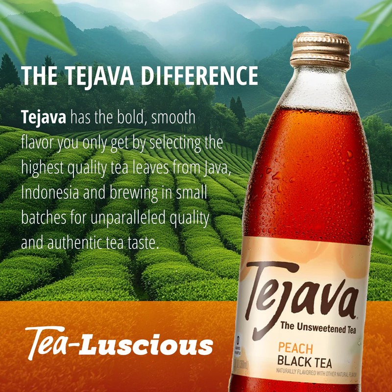 Tejava Peach Black Iced Tea, 24 Pack, 12oz Glass Bottles,