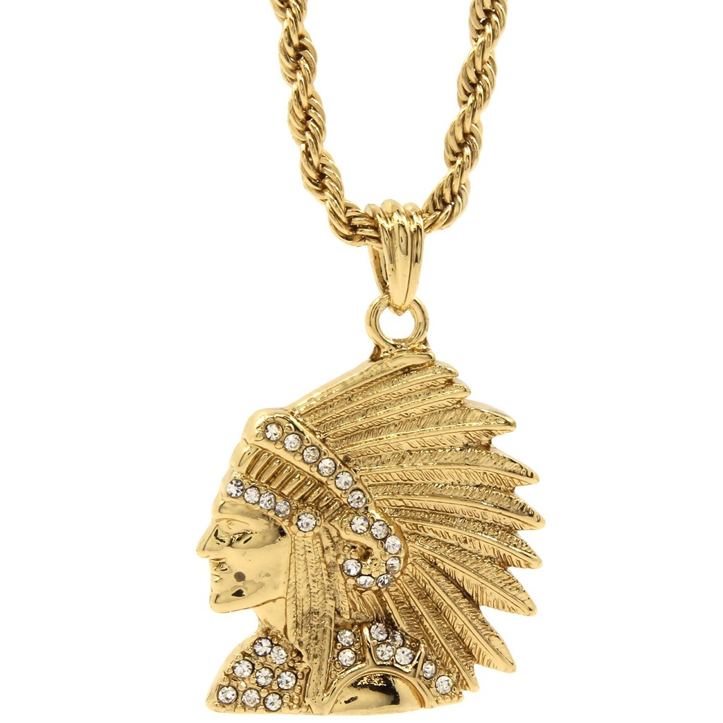Jewel Town Mens 14k Gold Plated Cz Indian Head Pendant 24" Rope Chain Hip Hop Necklace D474