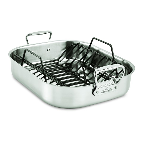 All-Clad Stainless Steel E752C264 Dishwasher Safe Large 13 x 16-Inch Roaster with Nonstick Rack Cookware, 25-lbs, Silver