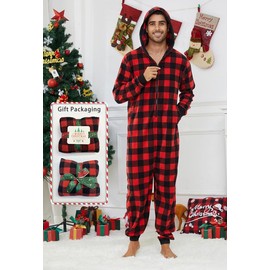 U2SKIIN Men Onesie Pajama Sets, Hooded Zipper Christmas Matching Plaid Pjs Set for Men and Women Soft Warm Jumpsuit(Buffalo Plaid-Red, M)