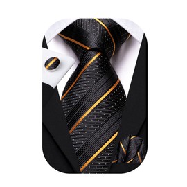 Hi-Tie 63" 70" Ties for Men Silk Extra Long Mens Ties Set and Pocket Square Cufflinks Paisley Necktie Business Wedding,Seventy Inch Black Gold Striped
