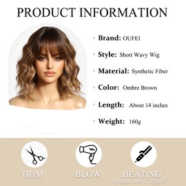 OUFEI Brown Wigs for Women Short Wavy Wig With Bangs Natural Synthetic Hair Heat Resistant Wigs for Daily Party Cosplay Wear