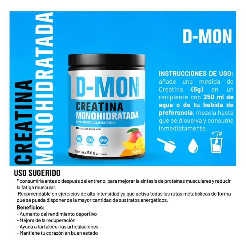 Creatina Monohidratada En Polvo 500g D-mon Varios Sabores Mango