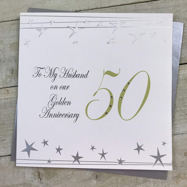 WHITE COTTON CARDS to My Husband 50, Handmade Large 50th Anniversary Card (Big Twist Range, Golden)