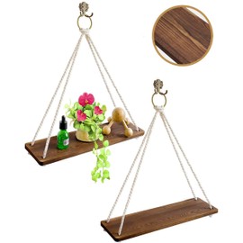 Rope Shelves - Boho Wall Hanging Shelves w/2 Vintage Decor Hooks and 2 Big Brass Rings [Set of 2] Rope Hanging Shelves for Wall (Torched Rustic Brown)