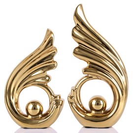 DOVDOV Gold Ceramic Abstract Statue 2 Piece Set, Gold Sculpture for Home Decor, for Bookshelf Decor Aesthetic Console Mantel Shelf Living Room Dining Table Centerpiece Coffee tv Cabinet entryway.