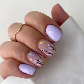 Square Press on Nails Short Fake Nails with Gold Leaf Tree Designs Spring Summer Acrylic Nails Glossy Nails Press ons Nude Glue on Nails Purple False Nails Artificial Stick on Nails for Women 24Pcs